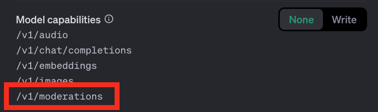 OpenAI の API キーのパーミッション: Moderation API