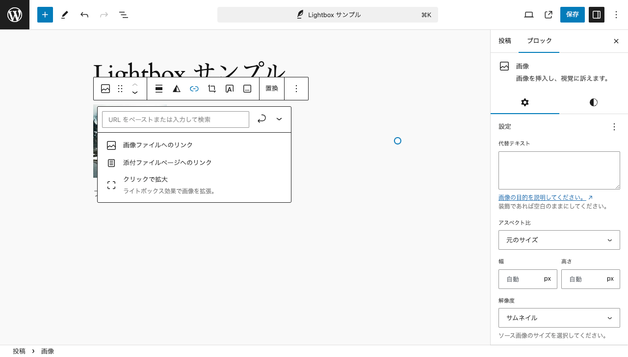 WordPress 本体の Lightbox エフェクトの追加: リンクアイコンをクリック