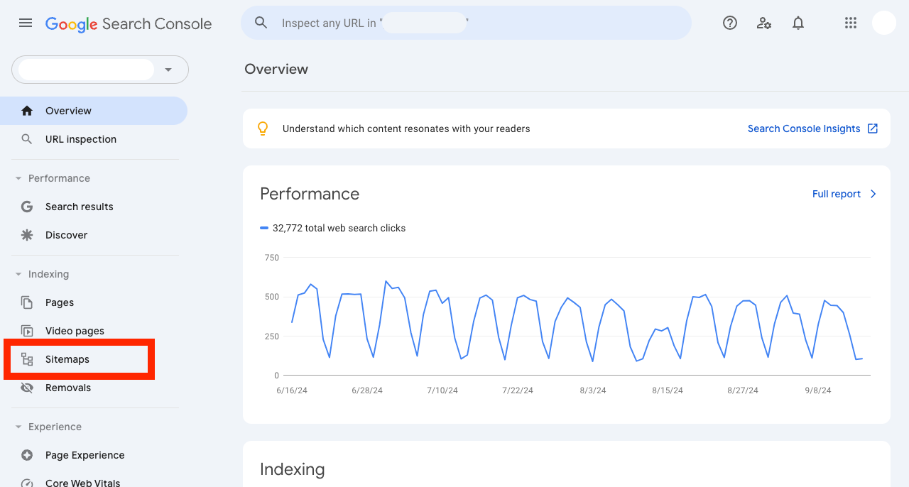 Google サーチコンソールへの WordPress サイトマップの登録: サーチコンソールのメニュー「 Indexing 」→「 Sitemaps 」