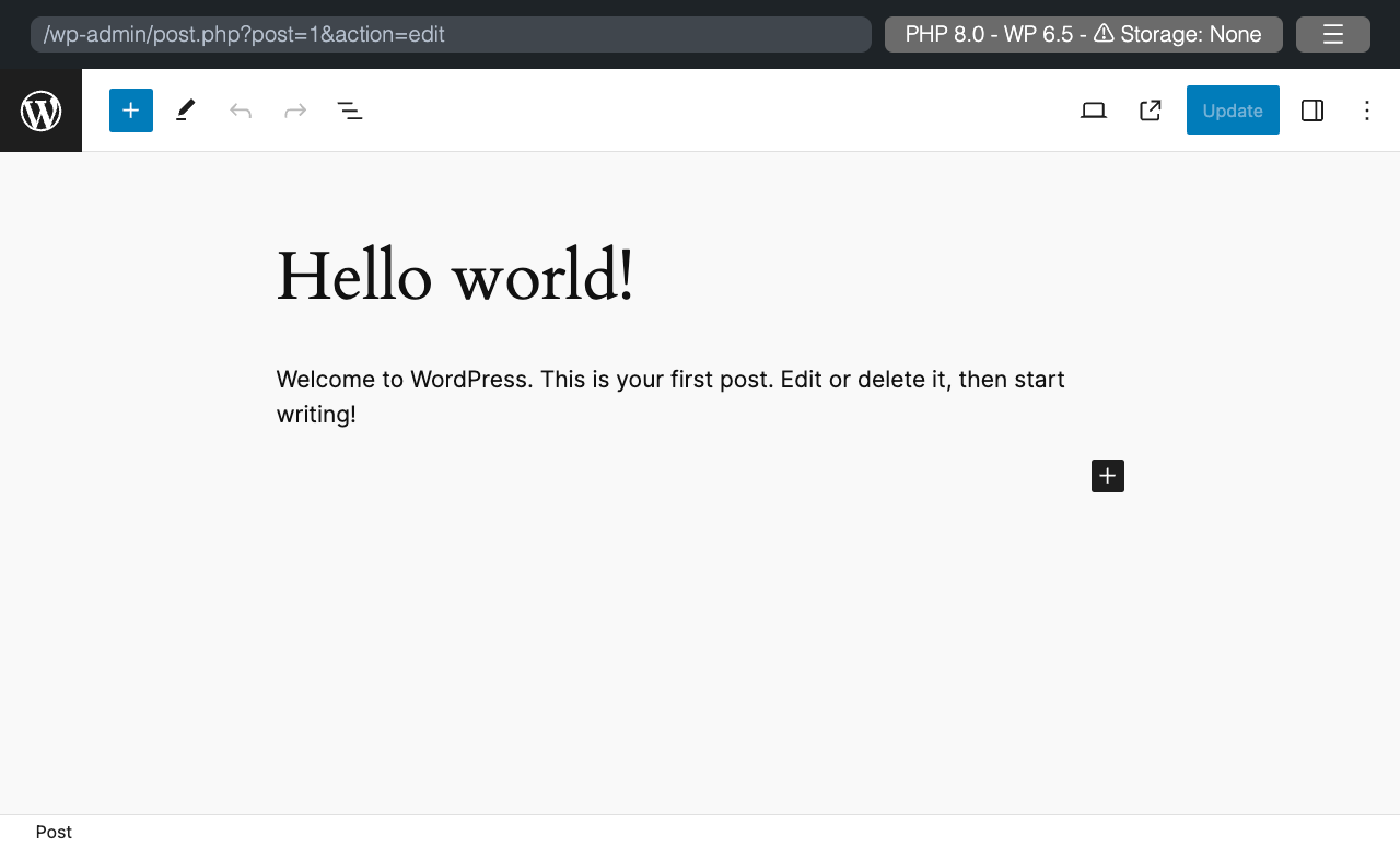 WordPress Playground: 起動直後にブロックエディタを開く（既存の投稿）